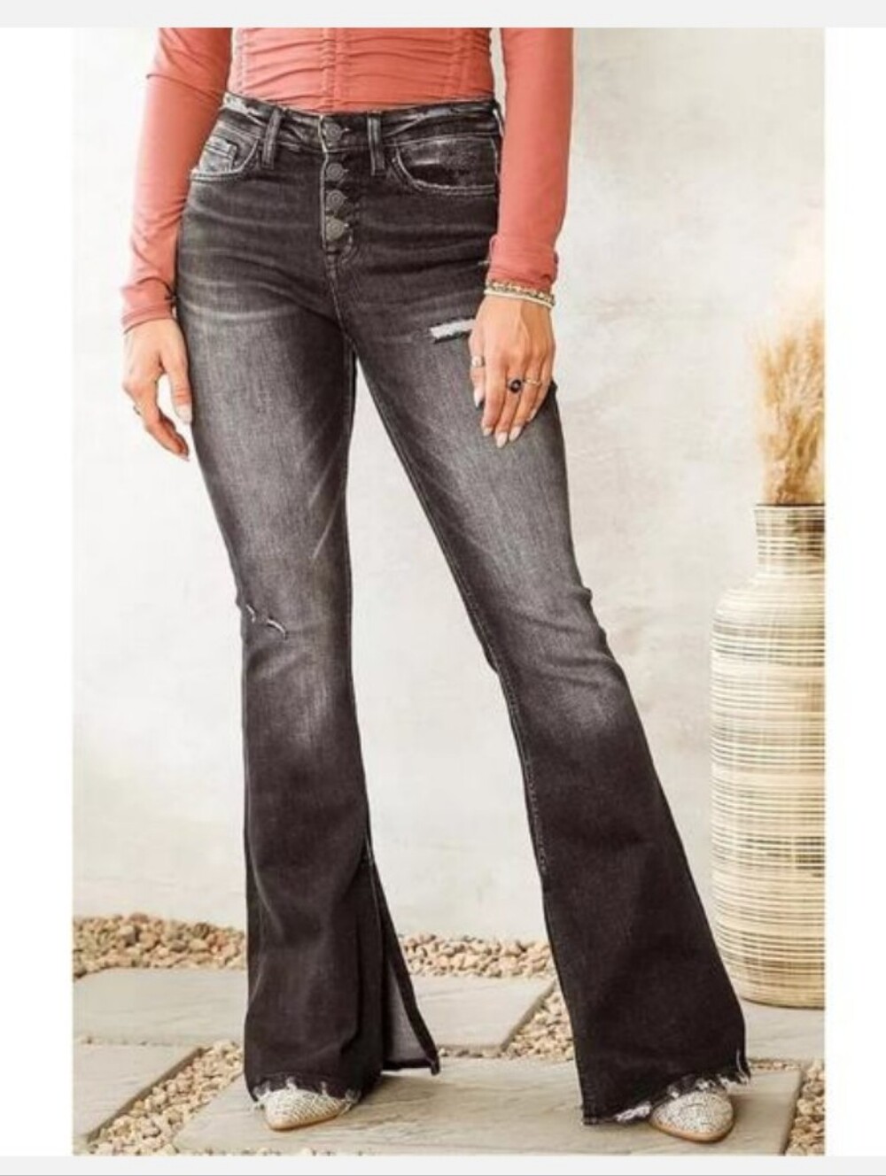 Flying Monkey Mid Rise Flare Dark Wash Distressed Split Raw Hem Button Fly F4322